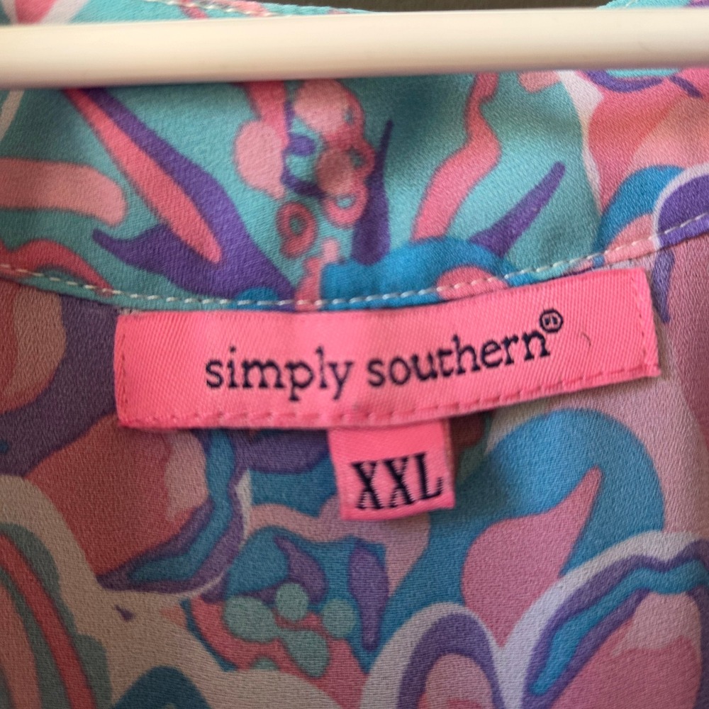 Simply Southern XXL Pink Blue Floral Tiered Maxi Dress Long Bell Sleeve V-Neck - Picture 6 of 8